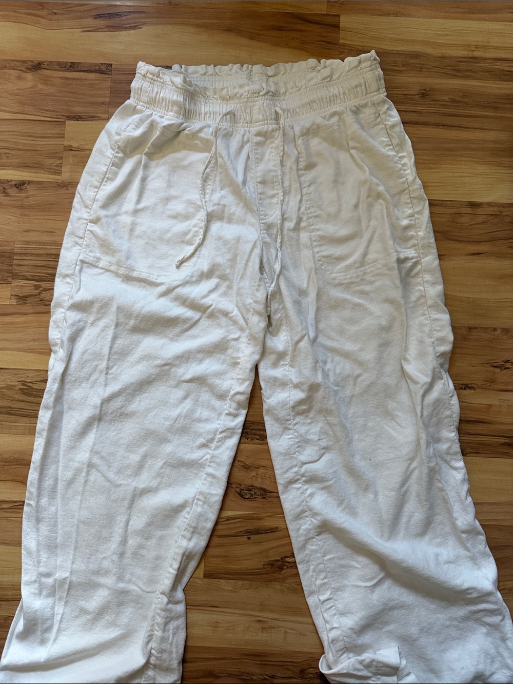 American Eagle White Drawstring Linen-Blend Pants